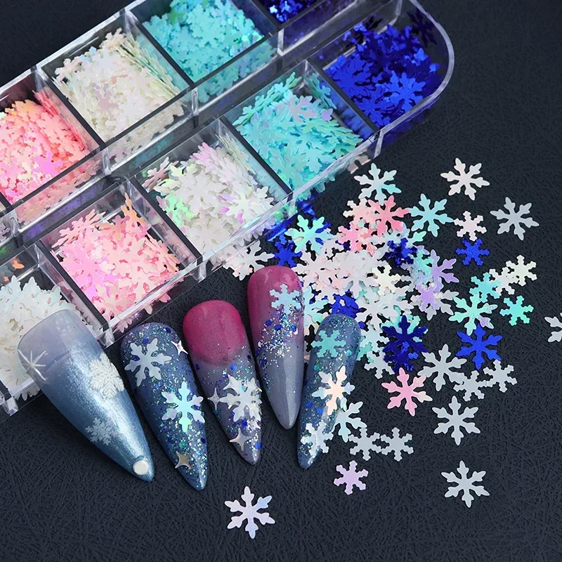 Winter Blue Snowflake Nail Art Decorations Iridescent White Glitter Flakes Sequins Manicure Supplies Christmas Nails Accessories