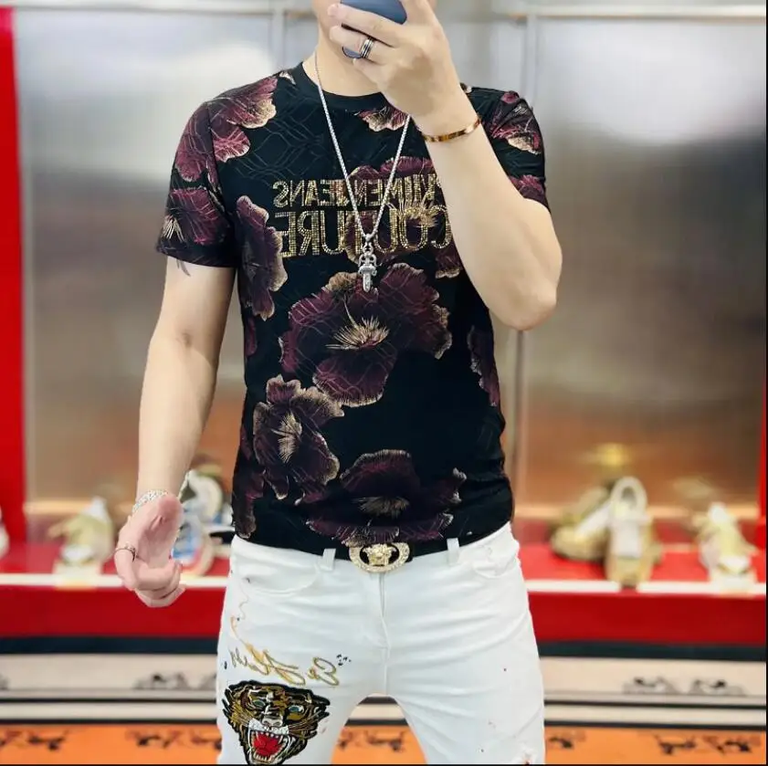 Summer Men\'s Gilded Jacquard T-shirt Fashion Short Sleeve Slim Fit Casual T-shirt Round Neck Business Social Streetwear Tee Tops