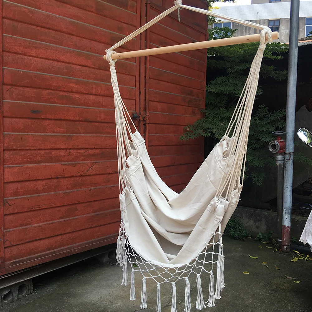 

Beige Hanging Tassels Hammock Bohemia Style Cotton Rope Net Chairs Portable Outdoor Indoor Garden Bedroom Bars Seats