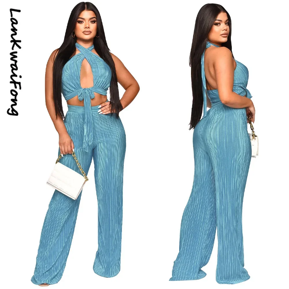 . Casual Suit Women's Pressed Pleated Pure Color Wrapped Chest Halter Neck Open Waist Sexy Wide Leg Trousers Two-piece Set