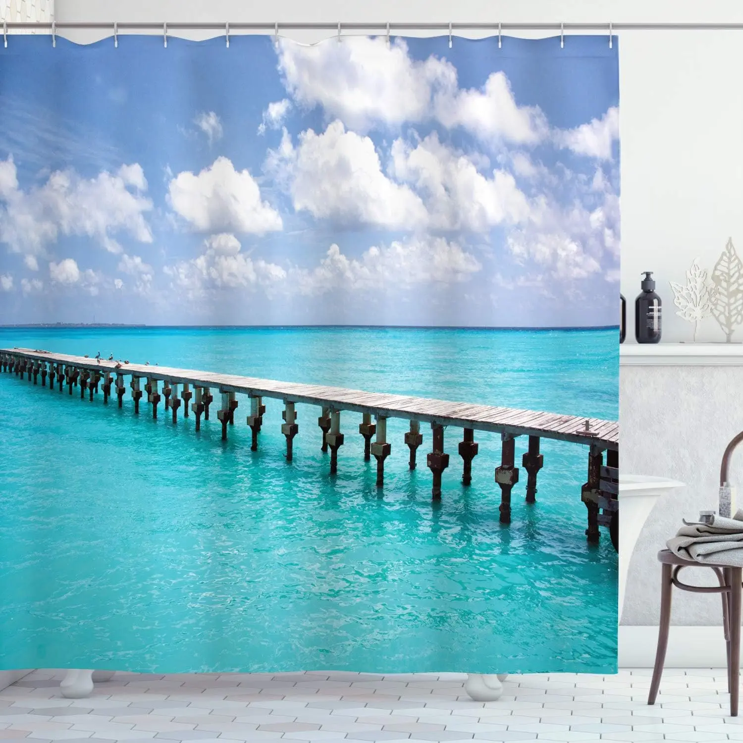 

Beach Pier Shower Curtain with Hooks – Tropical Ocean View, Clear Water & Cloudy Sky, White Turquoise Coastal Decor