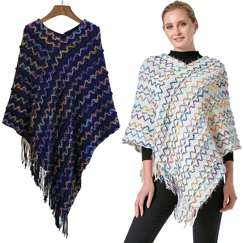 

Модный вязаный пуловер в этническом стиле, шаль, зимняя теплая элегантная полосатая шаль с кисточками, вязаная накидка, женская мода