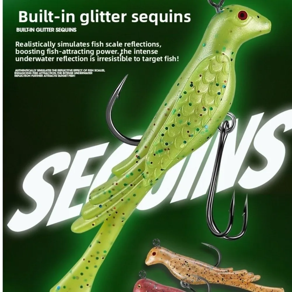 PVC Material Bird Fake Lure Big Waves Rolled 8cm 10g Fishing Bait Built-in Sequins Luminous Soft Bait Freshwater Fishing