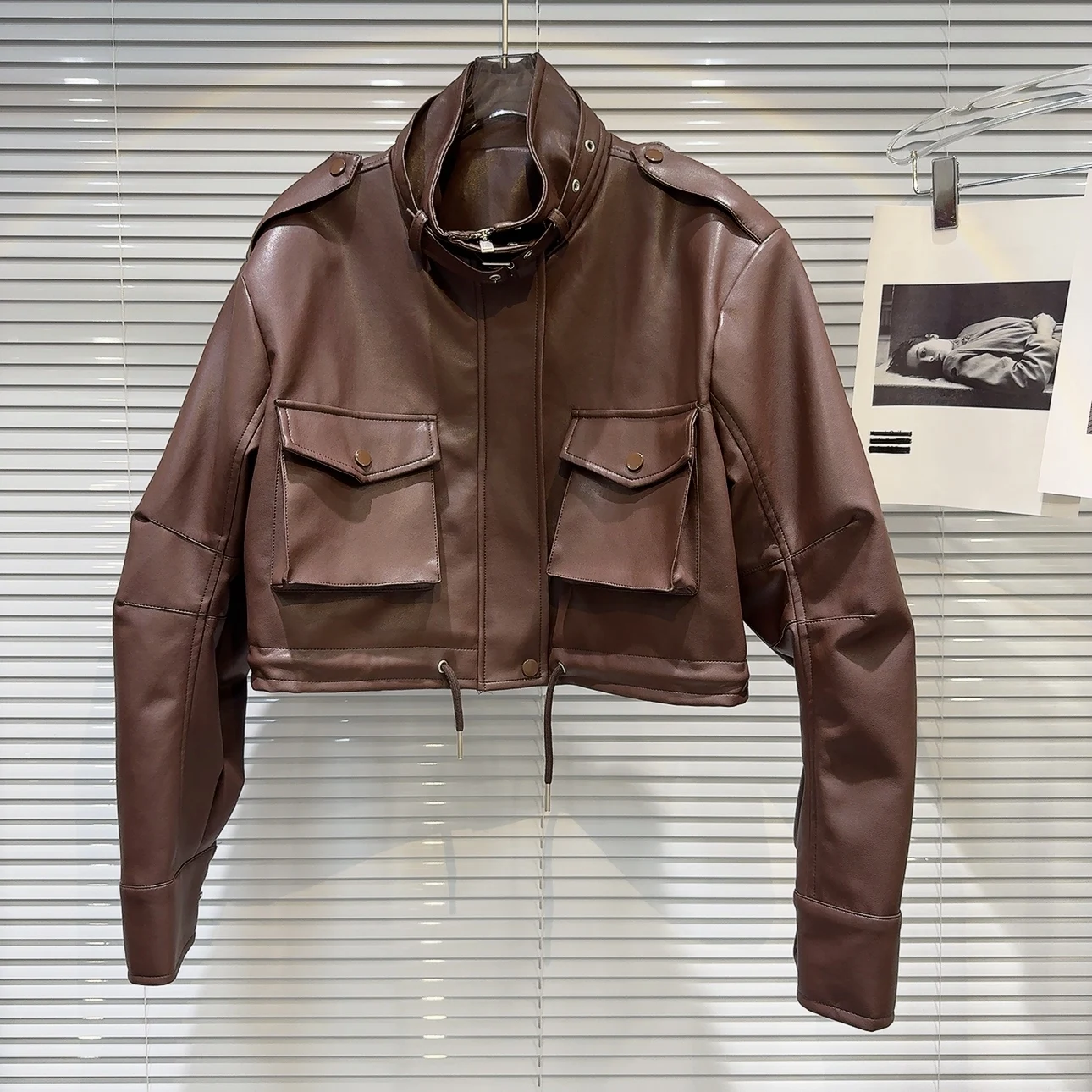 Street Sle American Hot Girl col bleu vêtements de travail ket cuir PU Jaet ort longueur longue Sve coupe ample manteau pour femmes