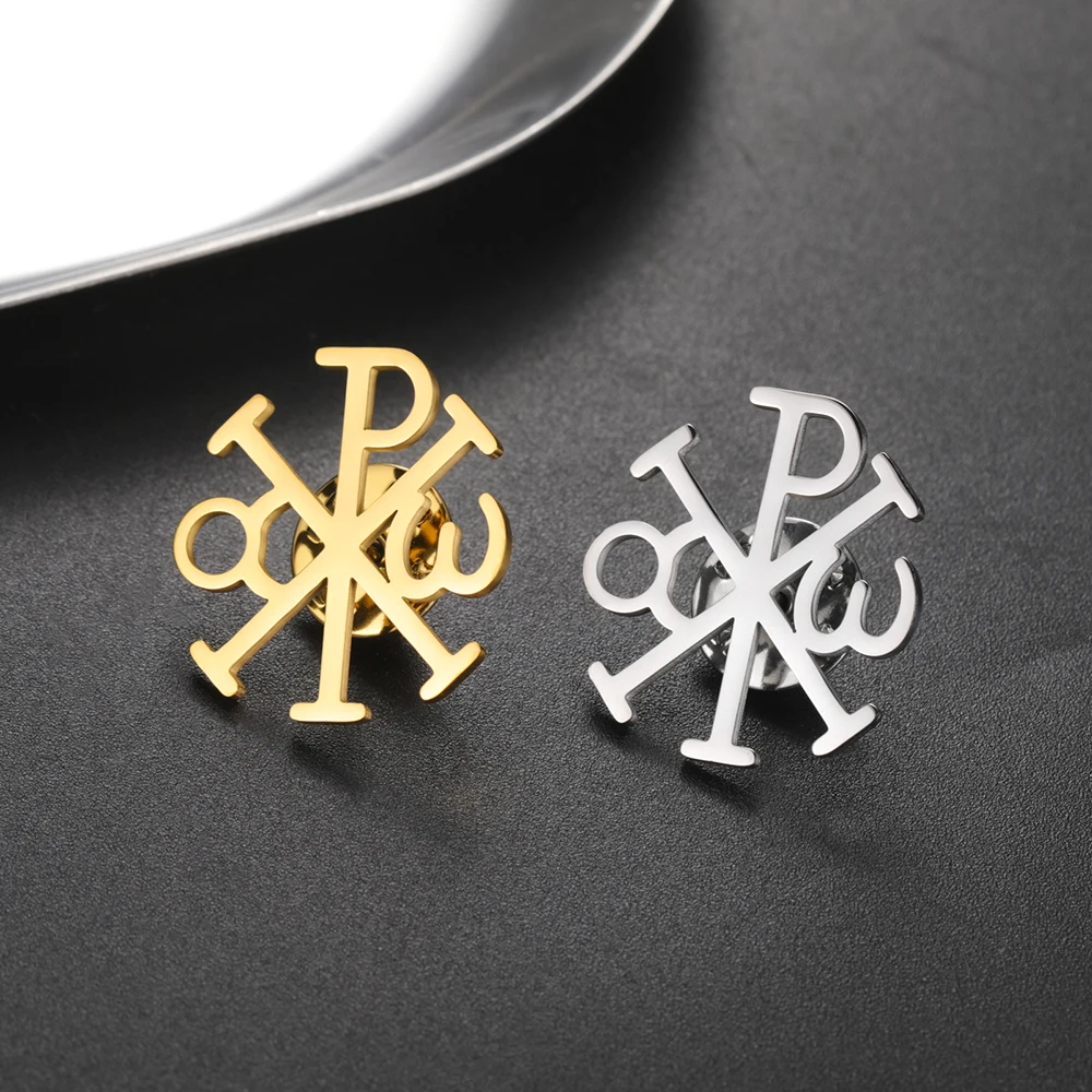 Dawapara Chi Rho Cross Brooch Pins Christogram Greek Symbol Religious Jesus Christian Jewelry Stainless Steel