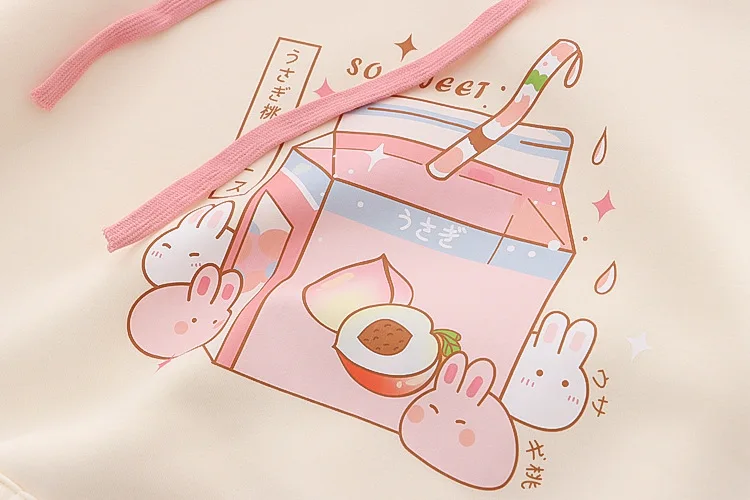 Winter Kawaii Hoodies Women Cute Anime Clothes Lolita Rabbit Cartoon Print Fleece Hooded Sweatshirts Korean Fashion Pullover