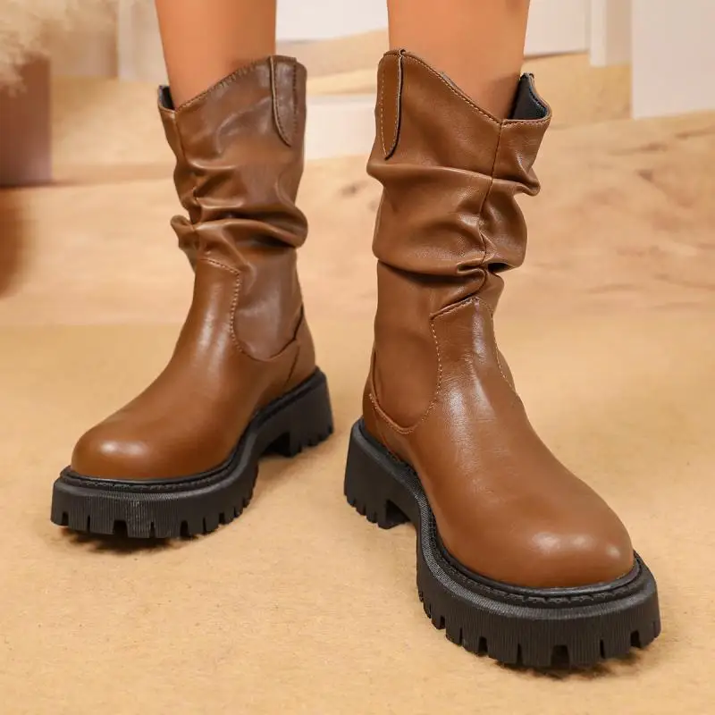 Bohemia Brown Pu Ankle Boots Women 2025 Autumn Thick Bottom Medium Heel Wrinkled Western Boots Sexy Metal Decoration Booties