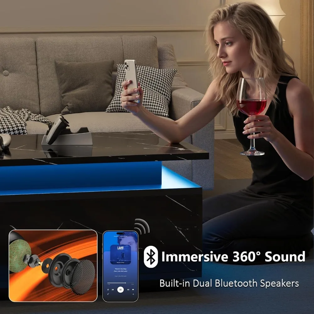 طاولة قهوة LED مع مساحة تخزين، طاولة قهوة سوداء مع شحن لاسلكي ومكبر صوت، 24 بوصة #3