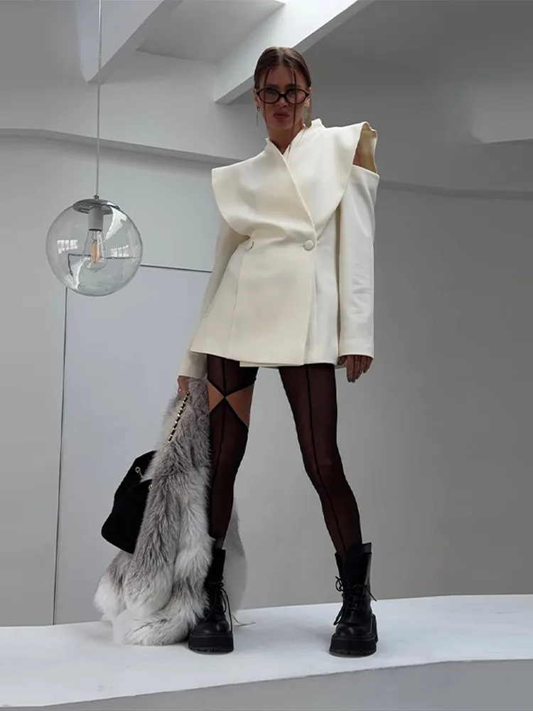 Fashion Women Blazer Coat Tunic Long Sleeve Open Shoulders Stand Collar Double Breasted Female Jacket High Street Clothing 2026