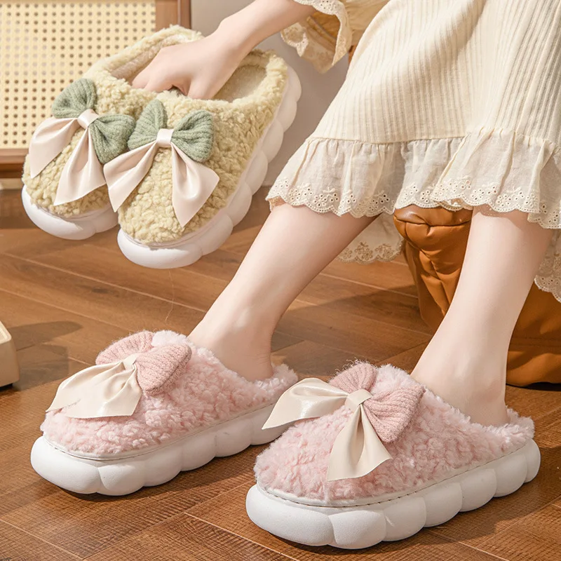 Zapatillas de interior peludas con lazo para mujer, pantuflas de algodón antideslizantes y cómodas para invierno, chanclas cálidas y esponjosas de piel para mujer 2025