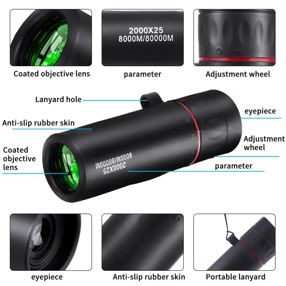 Télescope monoculaire portable avec support, mini télescope pour téléphone portable, extérieur, camping, chasse, observation des oiseaux, HD, 2000x25