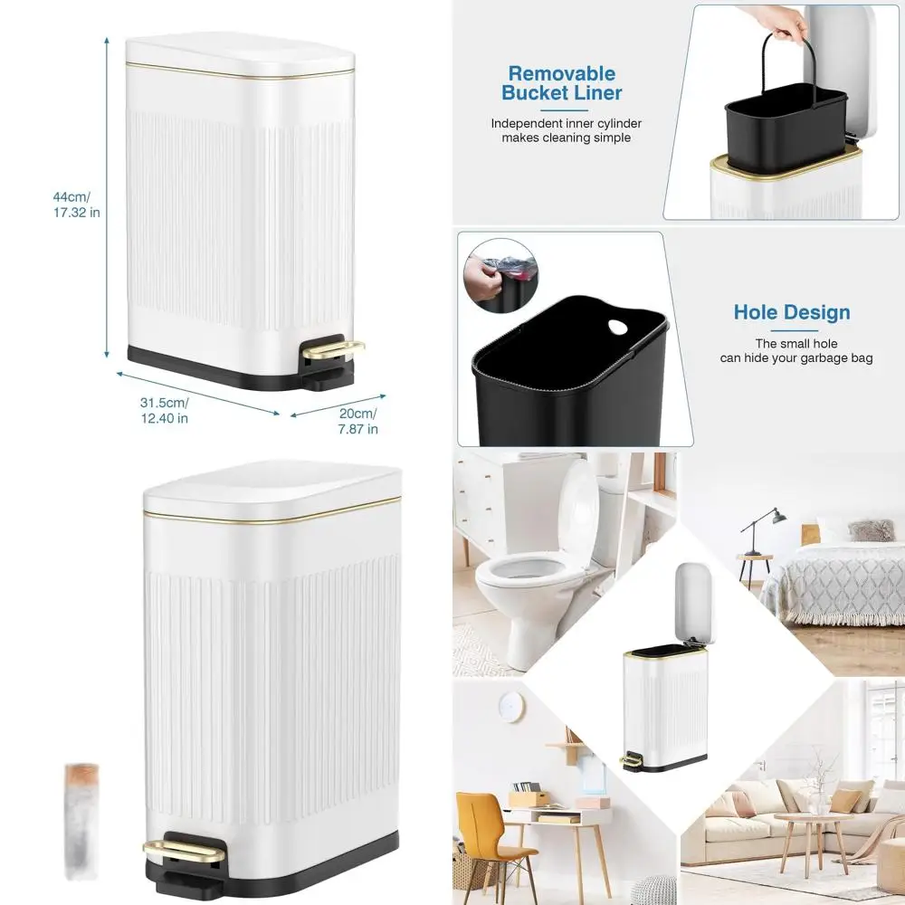 

4 Gallon Rectangular Soft-Close Stainless Steel Trash Can with Removable Wastebasket for Bathroom, Kitchen, and Office (White)