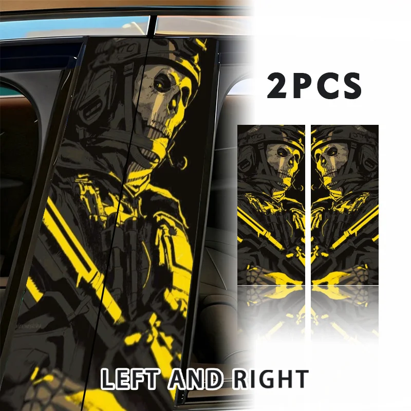 Two Skull Car Sticker with Helmet and Hand Gun - Waterproof Self-Adhesive Sticker for Vehicle B-Pillars, Smooth Glass