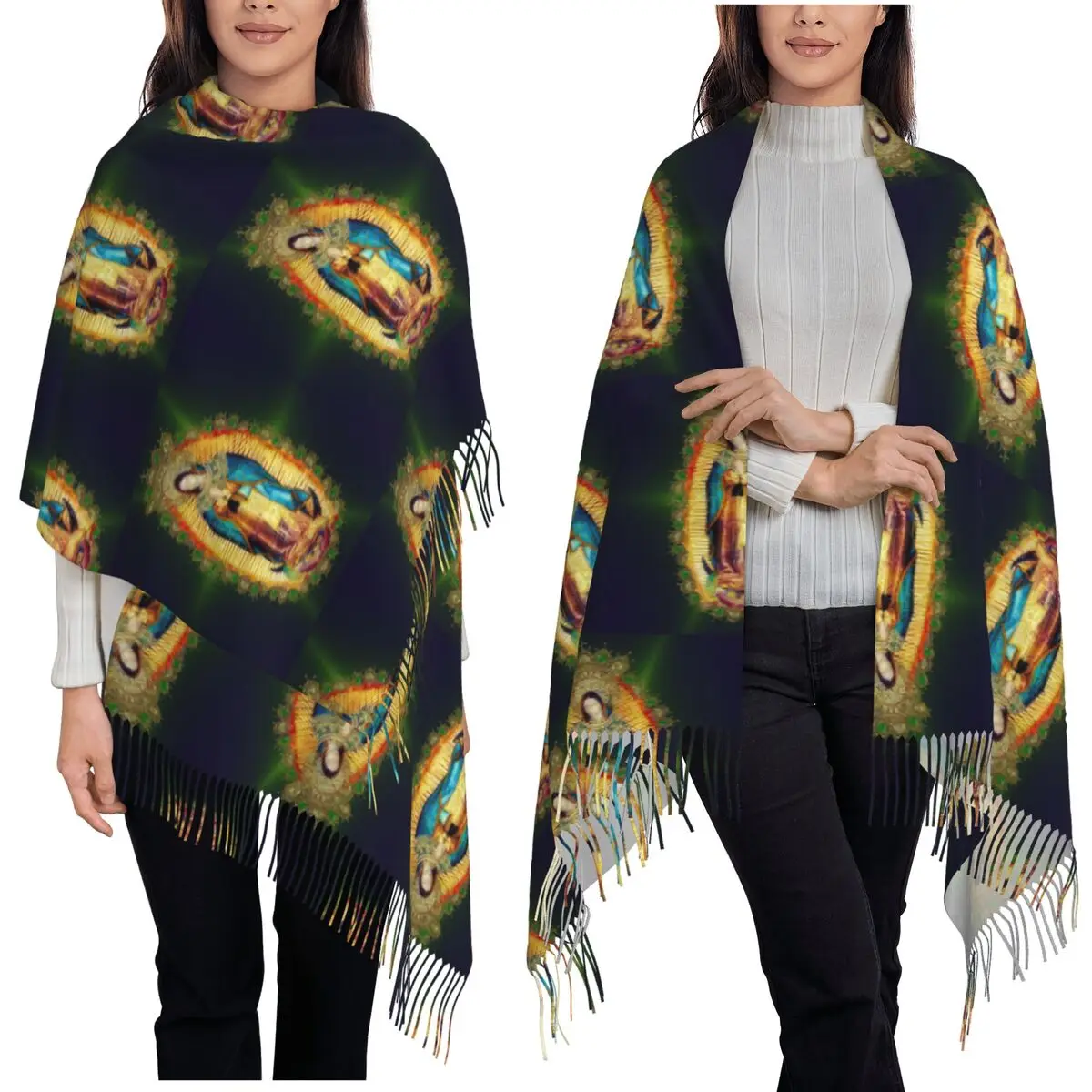 

Богоматери Гваделупской Мексиканская Дева Мария Ацтеки Мексика Шарф Шарфы с кисточками для женщин Шали и накидки Большая шаль