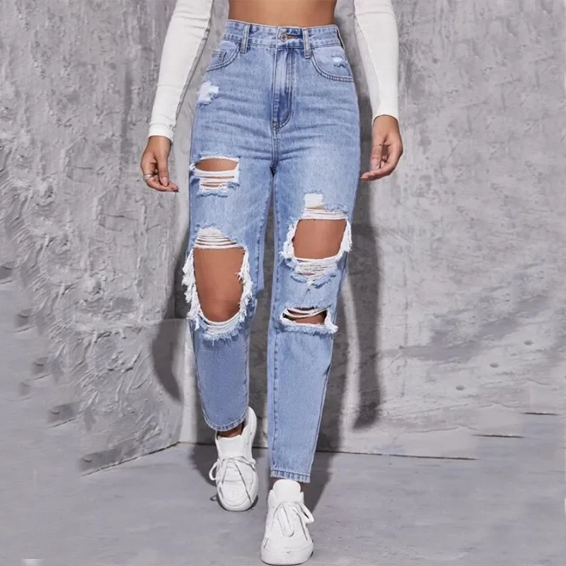 Hole High Waist Mom Jeans Flare Pants Denim Autumn 2023 Casual Long Streetwear Slim Fit Trousers Capris Baggy Jeans Women