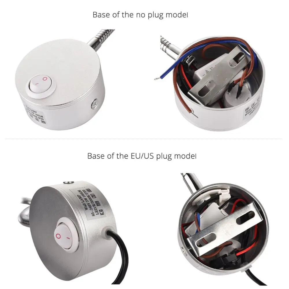 Lámparas de pared LED con interruptor UE EE. UU. Enchufe 3W Lámpara de noche de dormitorio de lectura moderna Negro Plata Flexible