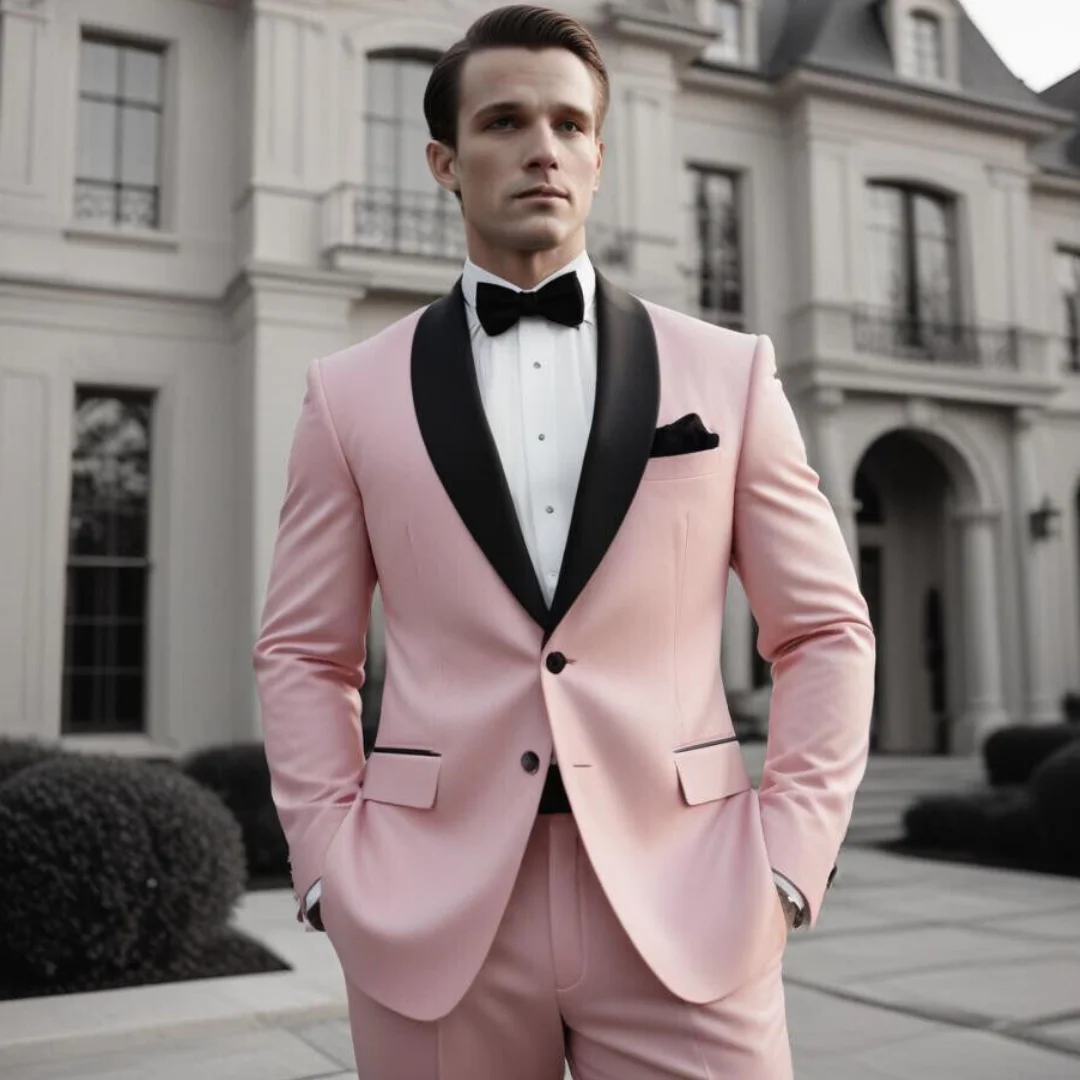 

Men Suit 2 Pieces Pink With Black Lapel Single Button For Wedding Banquet Birthday Business Official Tuxedo Jacket With Pants