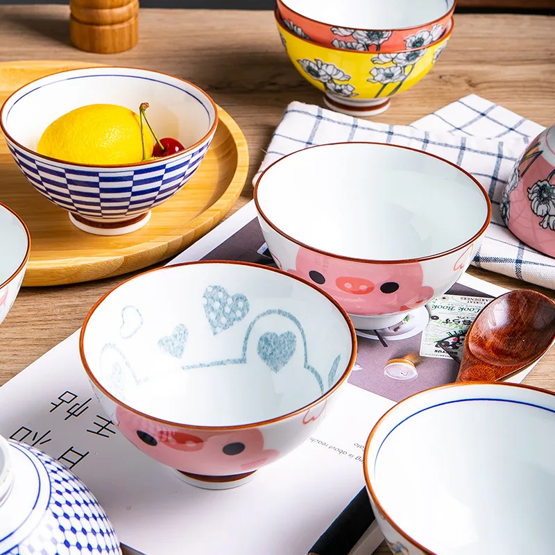 

Bowl and Dish Set Household Ceramic Bowl Student Rice Bowl Simple and Cute Cartoon Gift Box Tableware
