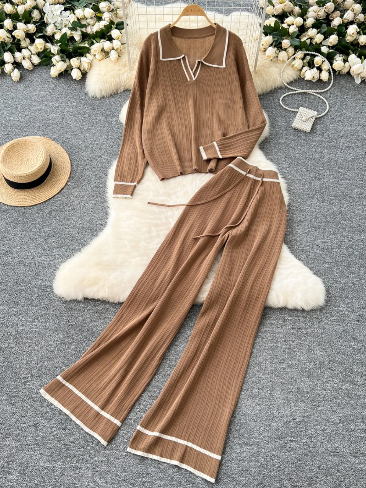 

Женский вязаный свитер и широкие брюки, комплект из двух предметов, повседневный винтажный воротник, осень-зима, удобный модный ансамбль...