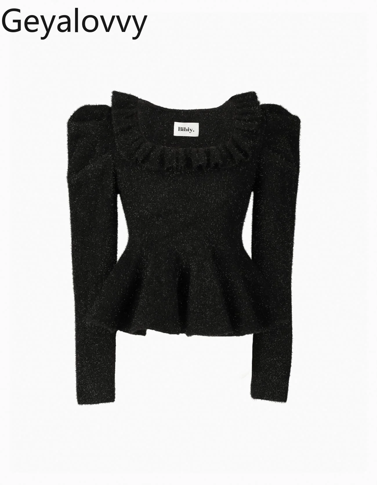 

Сплошной цвет с квадратным вырезом, топ, женский блестящий осенне-зимний модный женский вязаный свитер с пышными рукавами