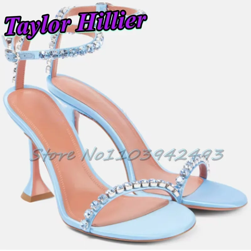 

Rhinestones Blue Heels One Strap Heeed Sandals Women Shallow Shoes Summer Luxury Designer Sandalias De Mujer Chain Buckle Strap