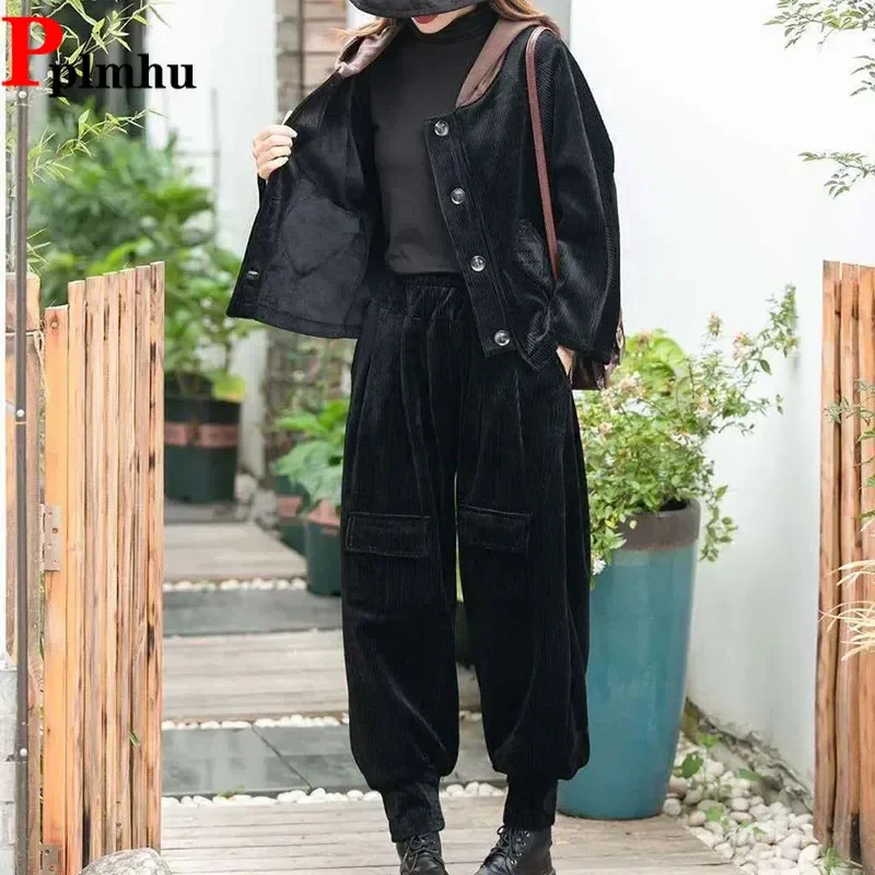 

Corduroy Velvet Warm Tracksuit 2 Piece Sets Womens Plush Tops Jackets Conjunto Thicken High Waist Harem Pants Outfits Wintre