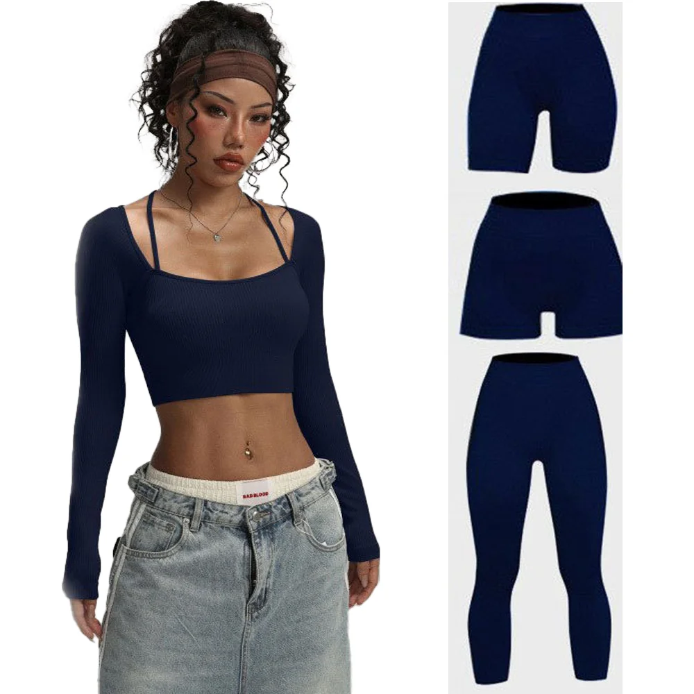 Women Ribbed Knit 2 Piece Set Long Sleeve Crop Top & High Waist Seamless Leggings Shorts Workout Fitness Activewear Casual