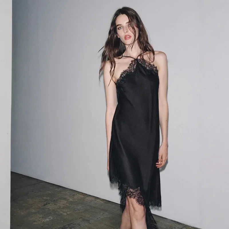 

2025 New Summer Black Halter Neck Lace Backless Irregular Hem Long Dress Women Sexy Elegant Evening Gown