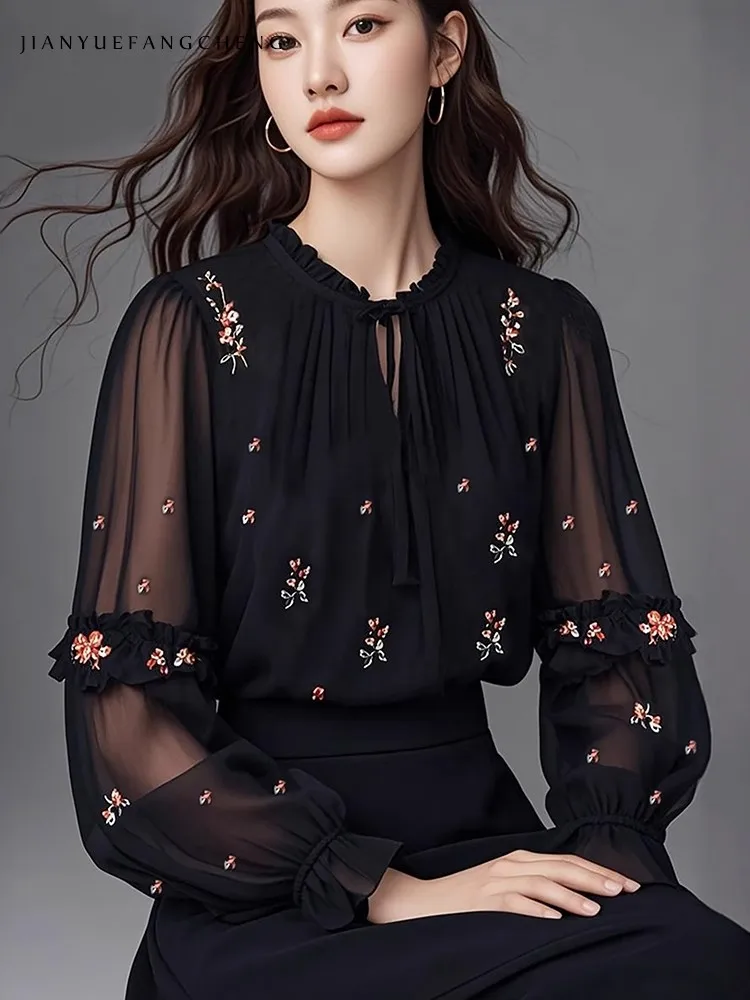 2025 Summer Lightweight Embroidered Chiffon Blouse for Women - Long Sleeve Black Top Floral Pattern Embroidery, Plus Size Shirts