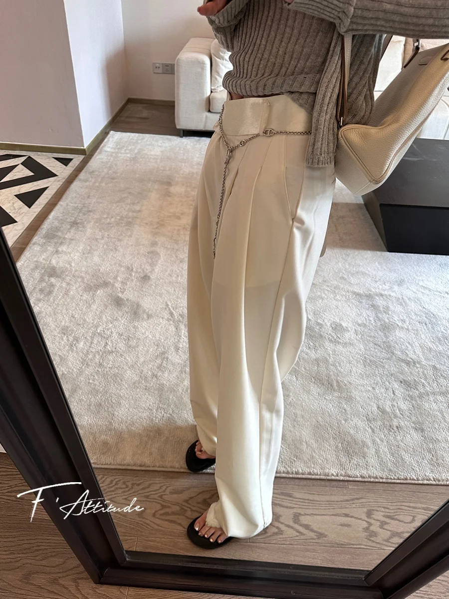 하이웨이스트 드레이핑 와이드 레그 팬츠 아세테이트 허리밴드 캐주얼 쿨 여성용 롱 팬츠 바닥까지 오는 길이 폴리에스터 혼방 원단