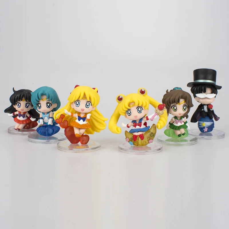 6Pcs Sailor Moon Q Ver. Tsukino Usagi Tuxedo Mask Sailor Venus Mercury Mars Jupiter Charm Kids Collection Toys Decor Ornament