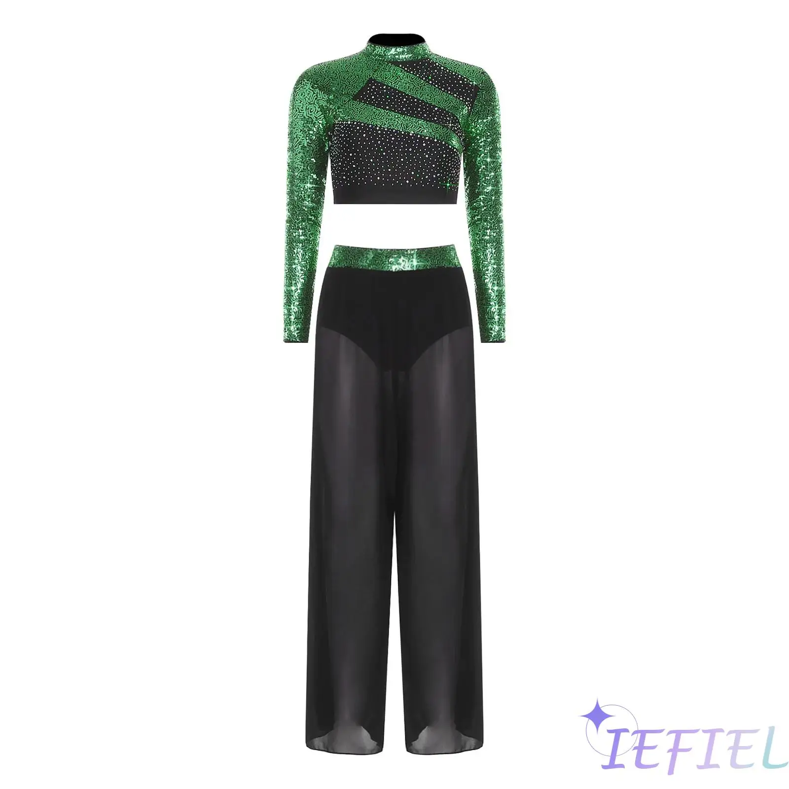 

Womens 2Pcs Lyrical Jazz Dance Costumes Long Sleeve Cutout Back Sequins Crop Top with Side Split Pants Jazz Latin Dancewear