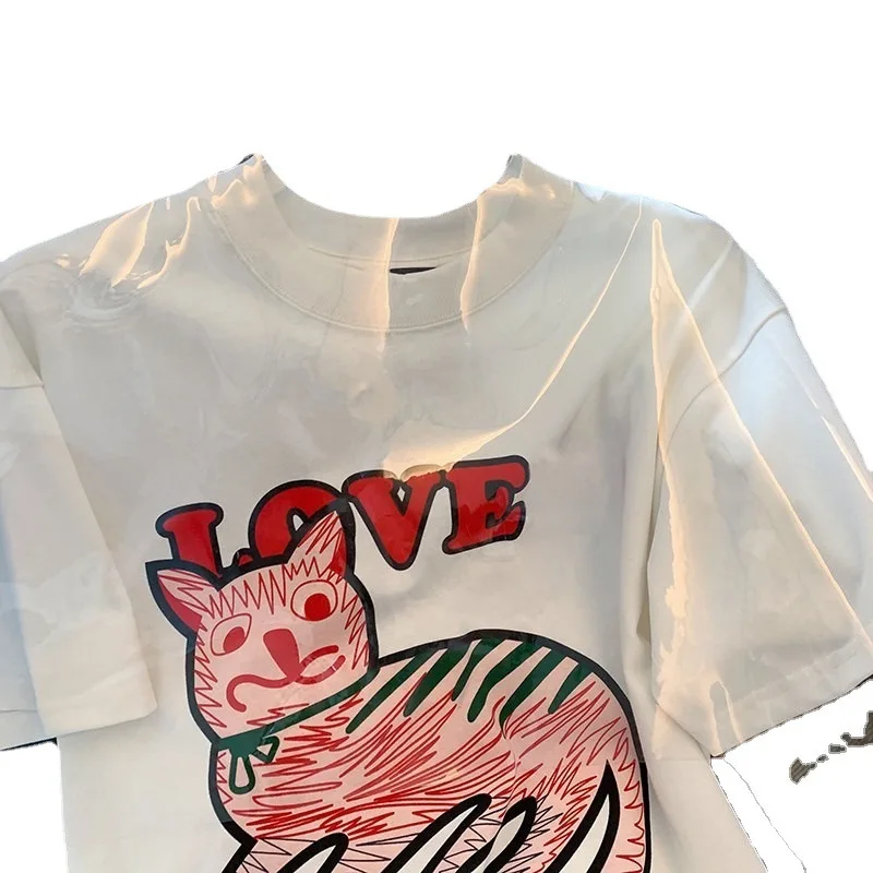 Estate 2023 nuova t-shirt femminile cartone animato gatto lettera stampa a maniche corte femminile sciolto bianco Casual t-shirt Harajuku carino Top