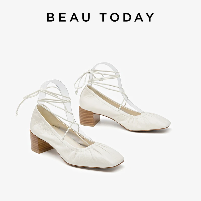 

BEAUTODAY Lace-up Pumps Women Sheepskin Cross-Tied Ankle Strap Shallow Pleated Roman Summer Ladies Casual Shoes Handmade 15377