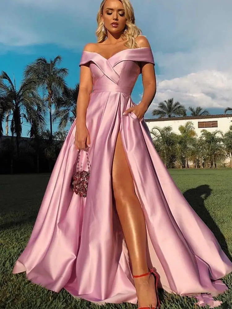 Robe de soirée longue rose en Satin, col en V, épaules dénudées, fente avant avec poches, longueur au sol, grande taille, à lacets, modèle 2022