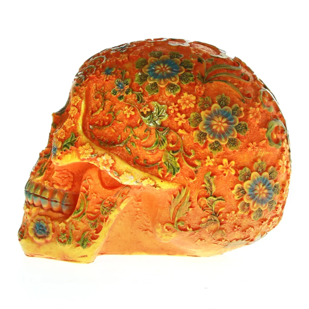 MGT-Mexican Day of the Dead Floral Carved Skull Head Resin Figurine, Orange Sugar Flower Skull, Halloween Sculpture