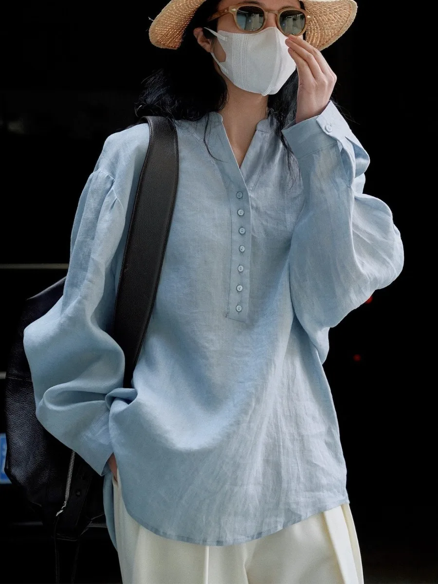 

Loose Long Sve Linen irt Women's Summer Casual Top Sun Protection Original Design Cotton Blend irt Stand Collar Cardigan