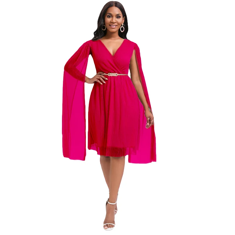 African Dresses for Women Summer Sexy African Cloak Sleeve Polyester V-neck Blue Khaki Rose Red Knee-length Dress with Belt