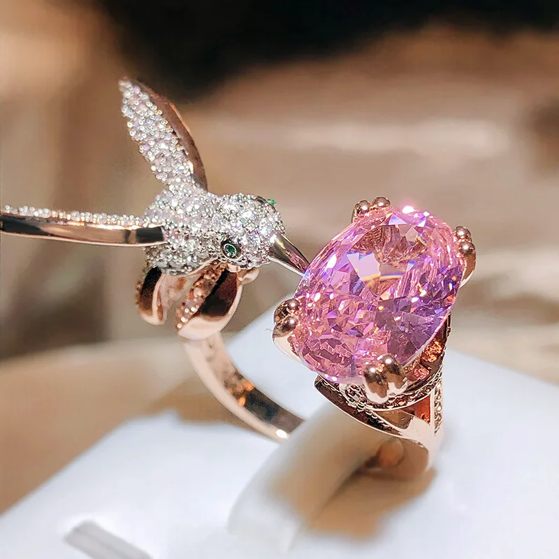 Creative Colored Gemstone Women Ring Simulating St. Mary's Aquamarine Hummingbird Ring 925 Stamp Wedding Party Fashion Jewellery