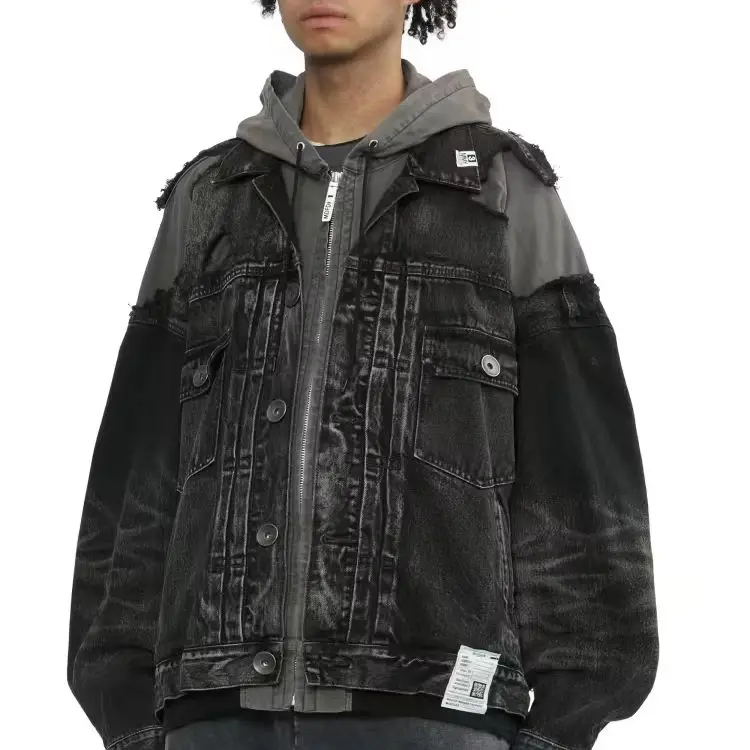 European and American Trend Water-Washed Distressed Patched Fake Two-Piece Denim Jacket