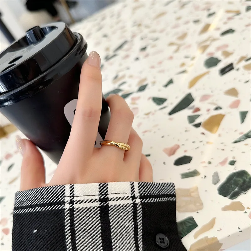 Stainless Steel Rings For Women Men Gold Color Two Line Twisted Ring Female Male Party Finger Jewelry 2023 Trend Free Shipping
