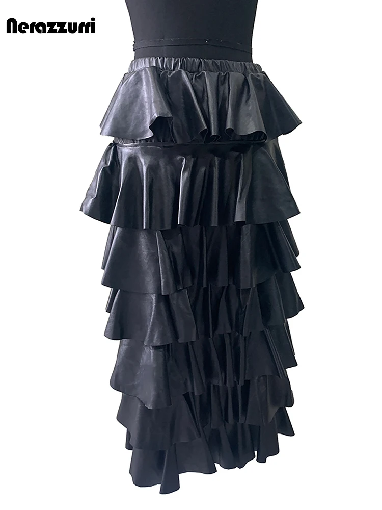Nerazzurri Spring Autumn Black Pu Leather Midi Tiered Skirt Women Elastic Waist Long Sweet Cute Lovely Luxury Designer Clothes