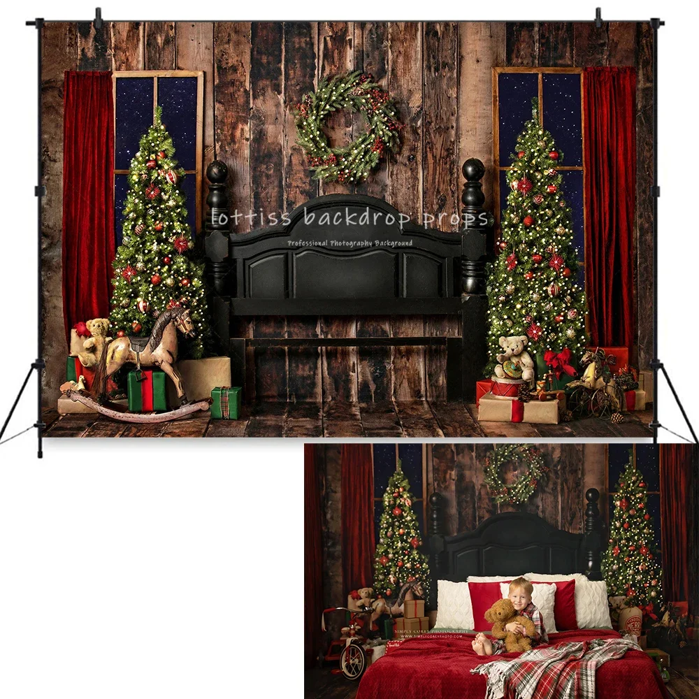 

Christmas Headboard Photography Backdrop Wooden Wall Trees Wreath Photocall Prop Kids Adult Portrait Xmas Living Room Background