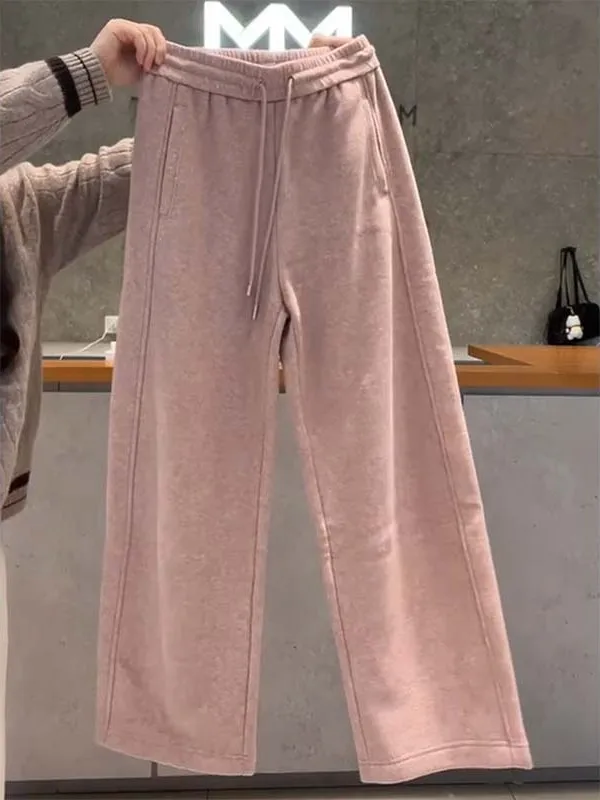 Pantaloni a Gamba Dritta in Maglia Foderati Rosa, Pantaloni Invernali Caldi e Snellenti da Donna con Vita Elastica Comoda