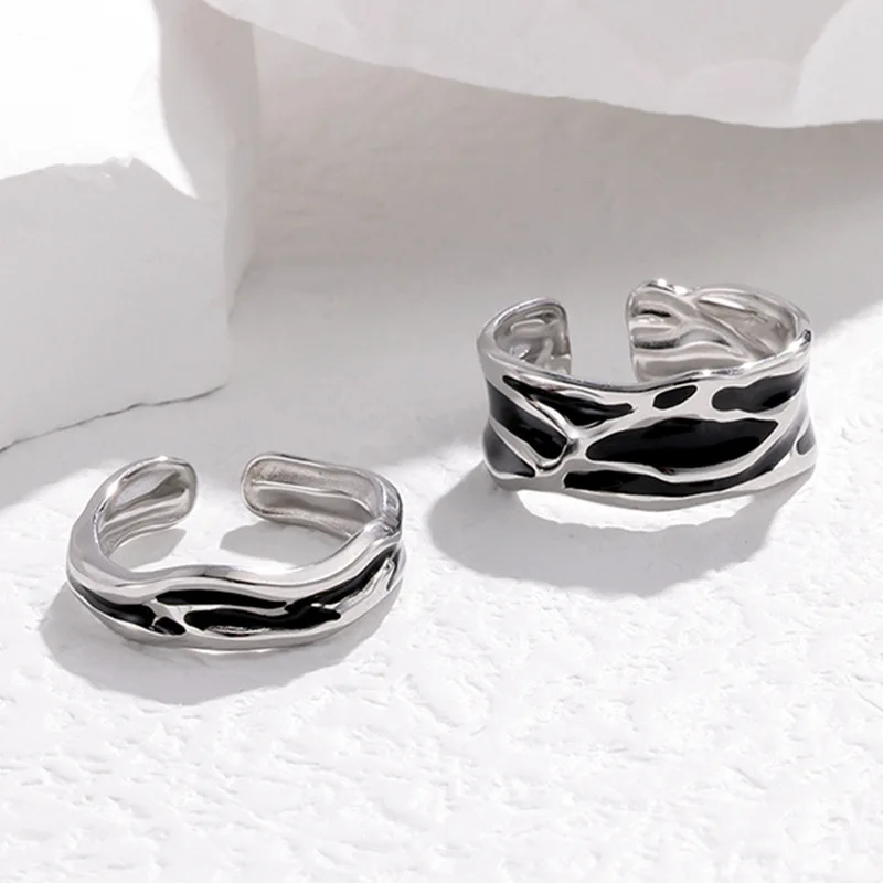 Personality Silver Color Stainless Steel Irregular Black Enamel Couple Rings for Women Men Charm Finger Jewelry Gift Colorfast
