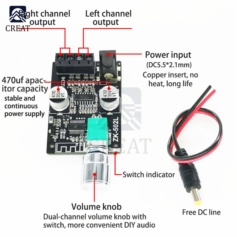 ZK-502L Audio Speakers DIY Bluetooth 5.0 High Power Digital Amplifier Stereo Board 50WX2 502L Bluetooth Amp Amplificador