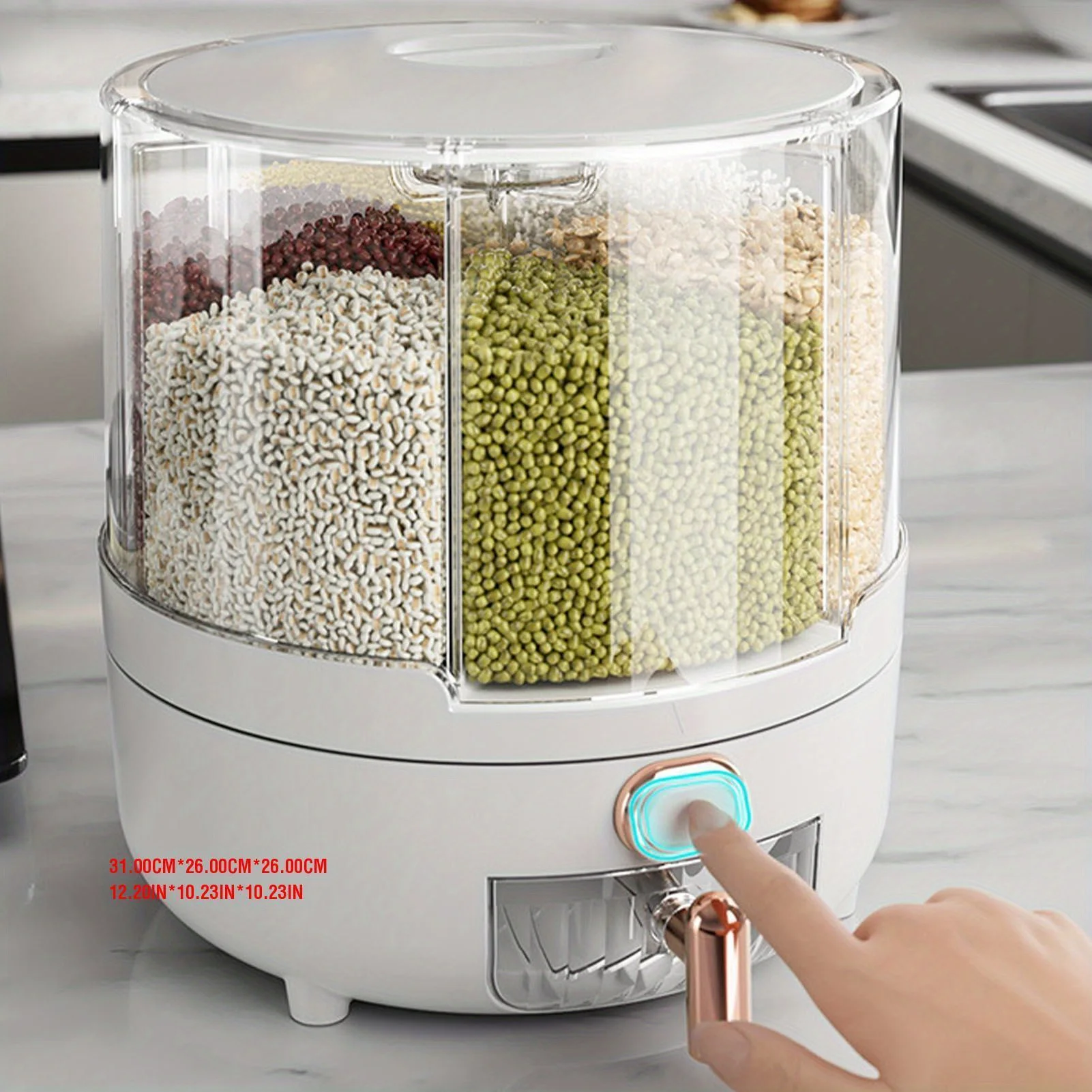 360 degree rotating grain distributor box PP plastic kitchen storage container for rice and beans with 6 compartments