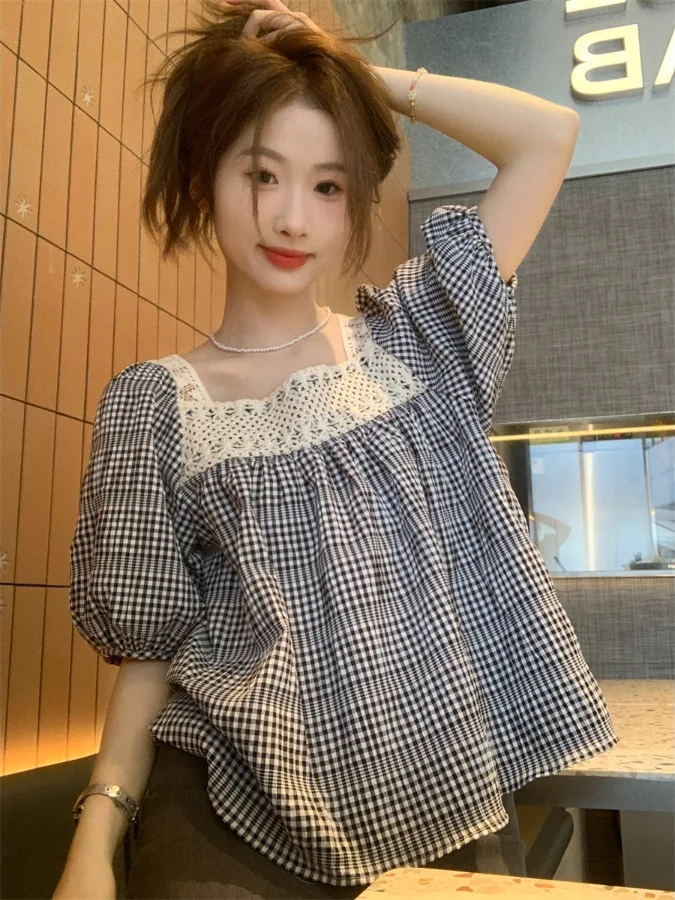 Top de Mujer con Encaje Suelto, Estilo Plaid, 5/8, Estilo Dulce de Verano, Cuello Cuadrado, Diseño de Muñeca, Sensación de Elegancia, Fibra de Poliéster 00%