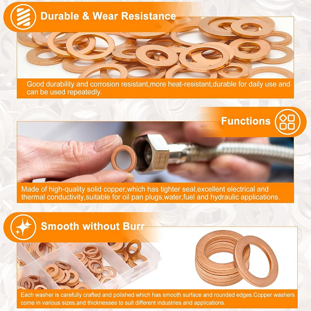 200-teiliges Kupfer-Unterlegscheiben-Dichtungsset, Flachring-Dichtungssortiment mit Box für Ölwanne, Kupfer-Flachunterlegscheiben, Öldichtung, Dichtungsset in Box – Detail 3