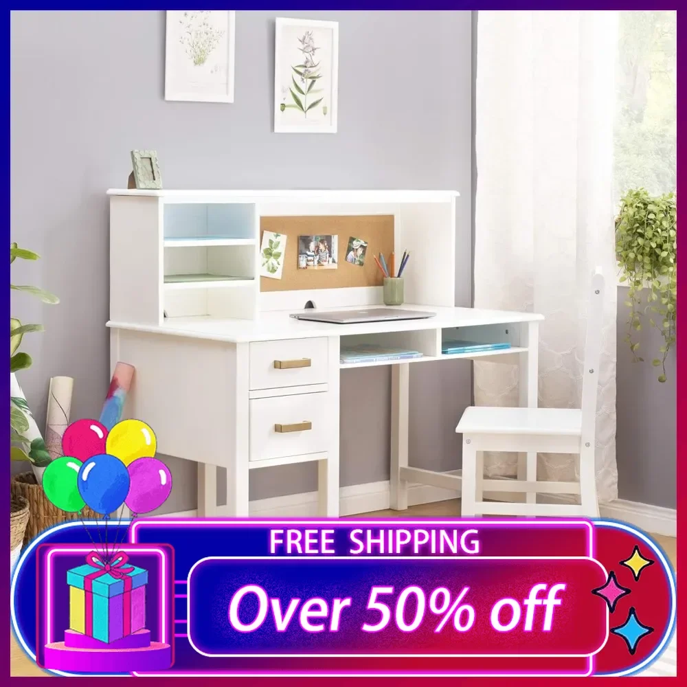 Kids Taiga Desk and Chair Set with Hutch - White:with Storage Drawers, Adjustable Shelves and Corkboard | Study Table and Chairs